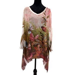 Cal Style Butterfly Boho Tunic Top Womens Size XL Floral Asymmetrical Fairy Bead